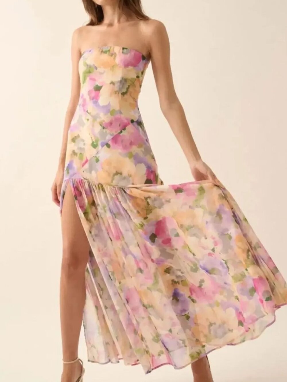 Strapless Floral Dress with Side Slit